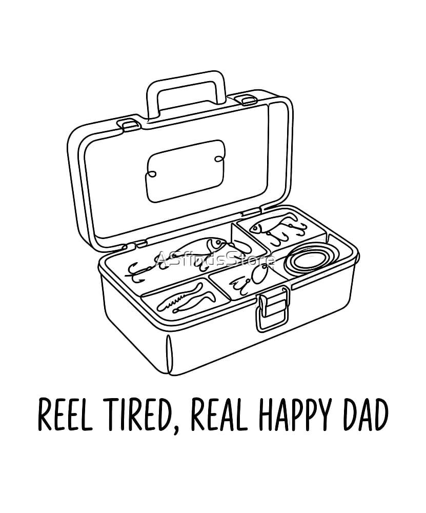 Reel Tired Real Happy Dad design — a line-art tackle-box fishing pun