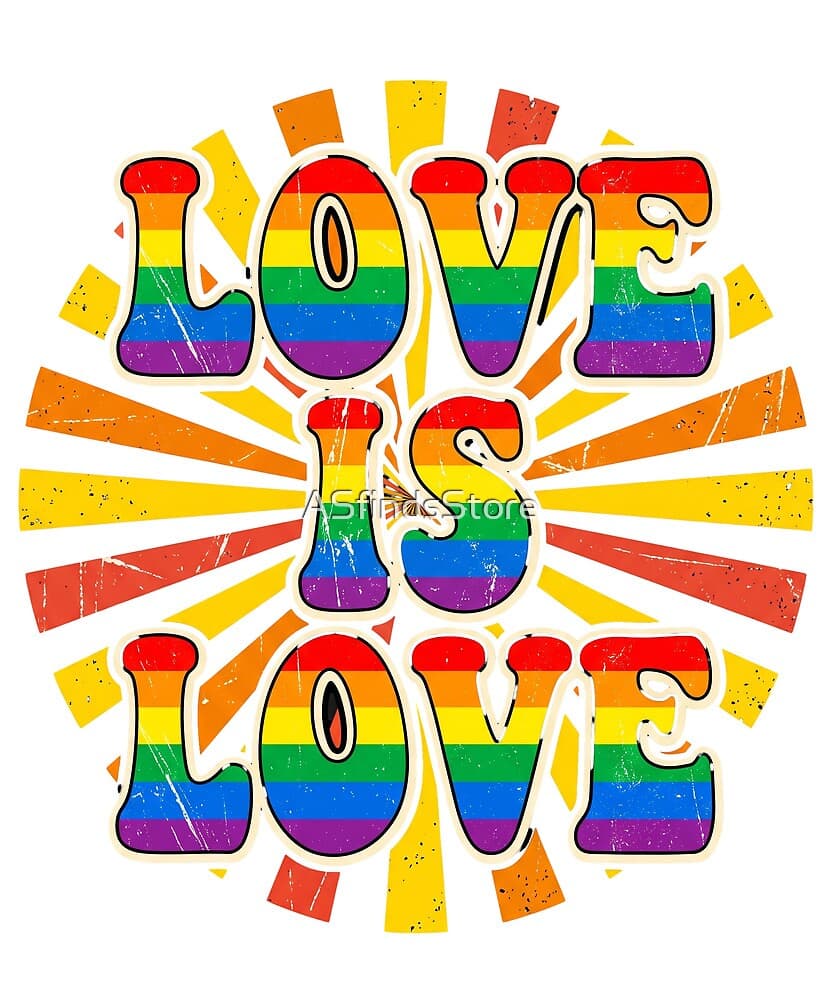 Retro Love Is Love design — a vintage rainbow sunburst around Love Is Love