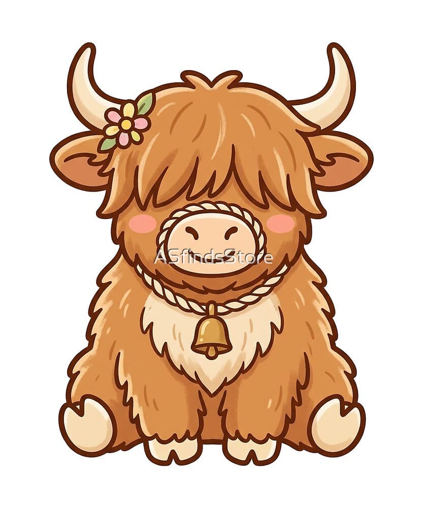 Highland Cow design — a fluffy chibi highland cow with a floral bell