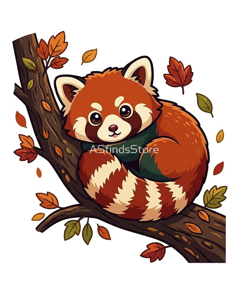 Cozy Autumn Red Panda design — a sleepy red panda among fall leaves
