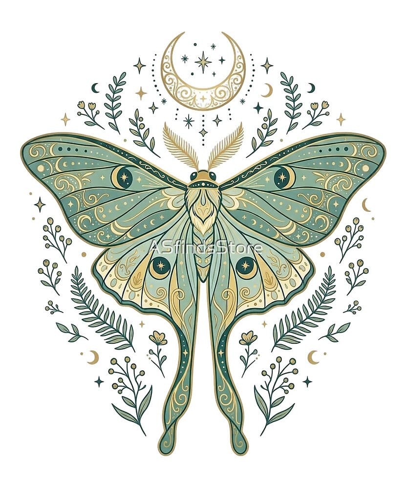 Luna Moth Celestial design — a luna moth cradling a crescent moon