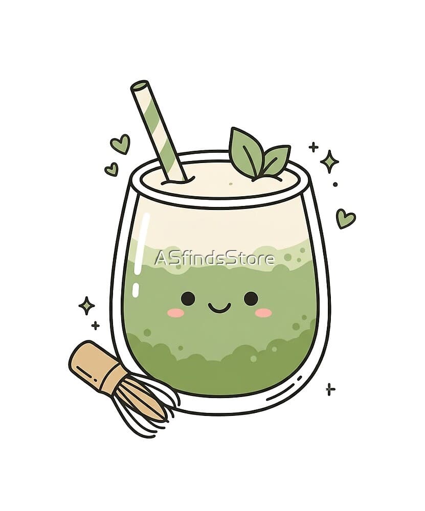 Matcha Latte design — a smiling green-tea latte with a tiny whisk